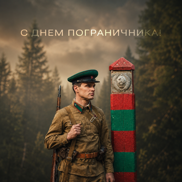 Открытка с Днем пограничника с гербом и праздничной надписью