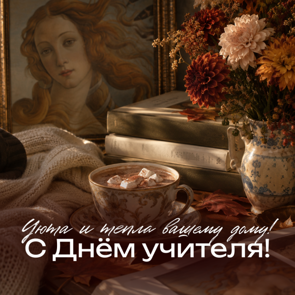 Уютная картинка с Днем учителя для женщины: пусть в доме всегда царствуют любовь и покой!