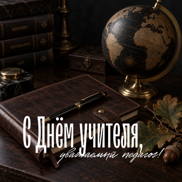 Строгая и стильная открытка с Днем учителя мужчине: уважения, новых достижений и крепкого здоровья!