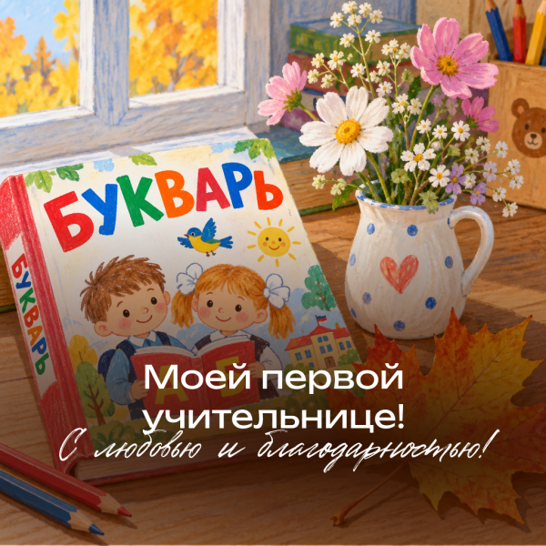 Теплая открытка для первой учительницы: спасибо за первые шаги в мир знаний и за вашу ласку!